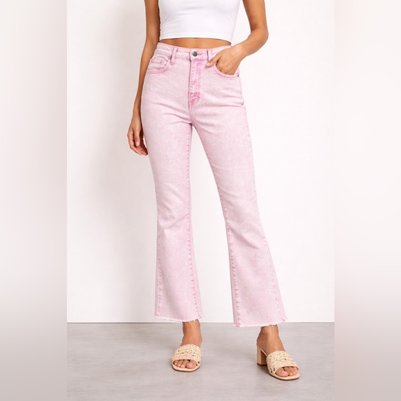 Veronica Beard Carly Kick Flare High Rise Pink Tie Dye Jeans Raw Hem 28
